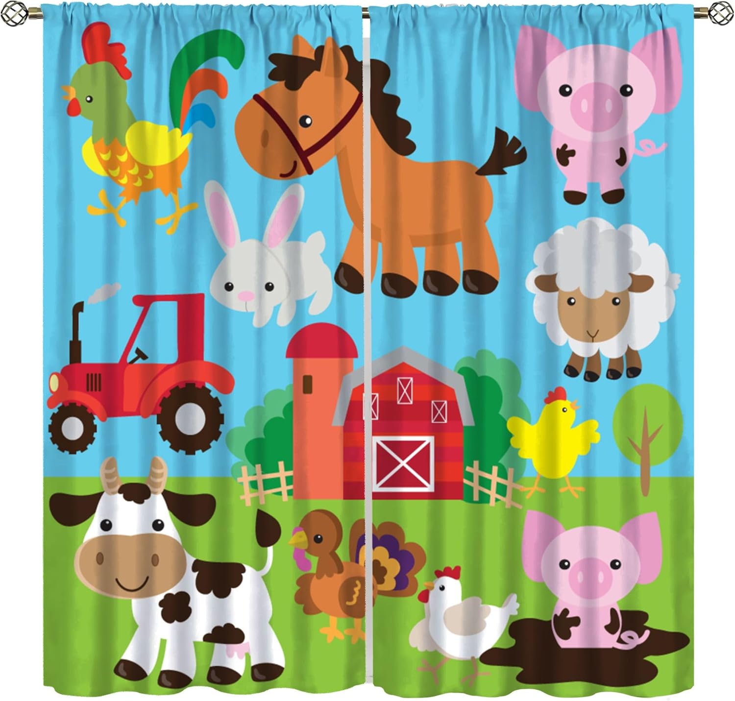 AAVEUP Kids Cartoon Farm Animal Curtains front view displaying vibrant red tractor and barnyard animals print.
