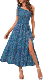 MEROKEETY Womens One Shoulder Smocked Summer Sleeveless Midi Dresses | Side Slit, Tiered, High Waist, Shoulder Tie, Flowy, A Line, Formal, Cocktail Party, Wedding Guest, Beach, Vacation Long Dress - Image 13