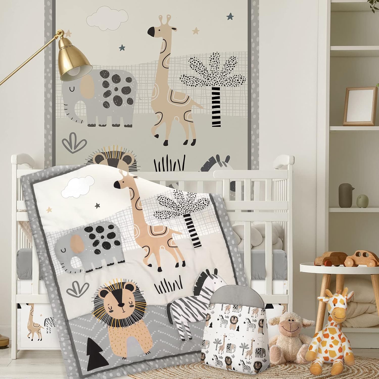 Oudain 4 Piece Woodland Forest Animals Crib Bedding Set front view featuring gray and white jungle safari theme.