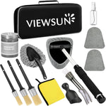 Viewsun windshield cleaner tool and car interior detailing kit components laid out on a clean surface