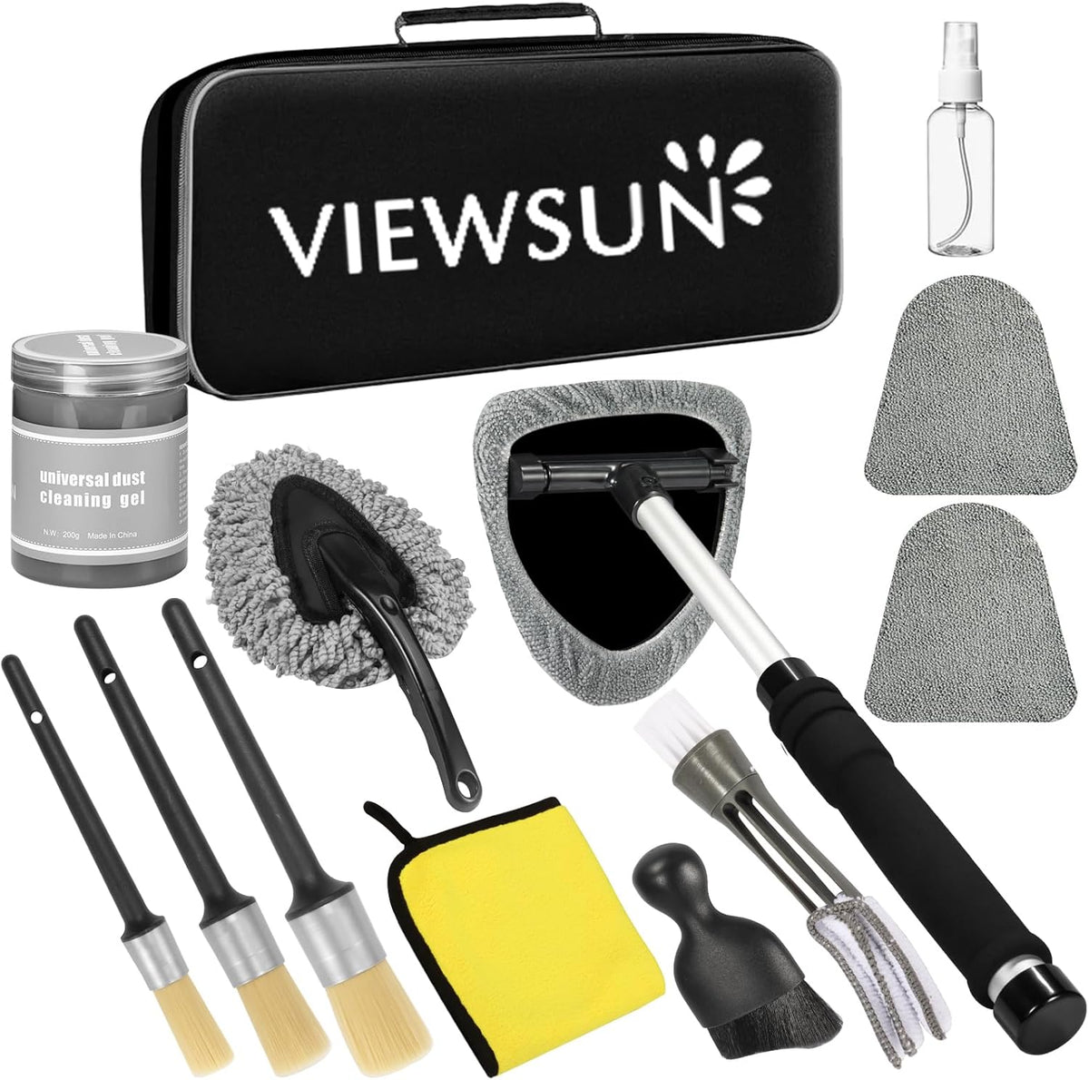 Viewsun windshield cleaner tool and car interior detailing kit components laid out on a clean surface