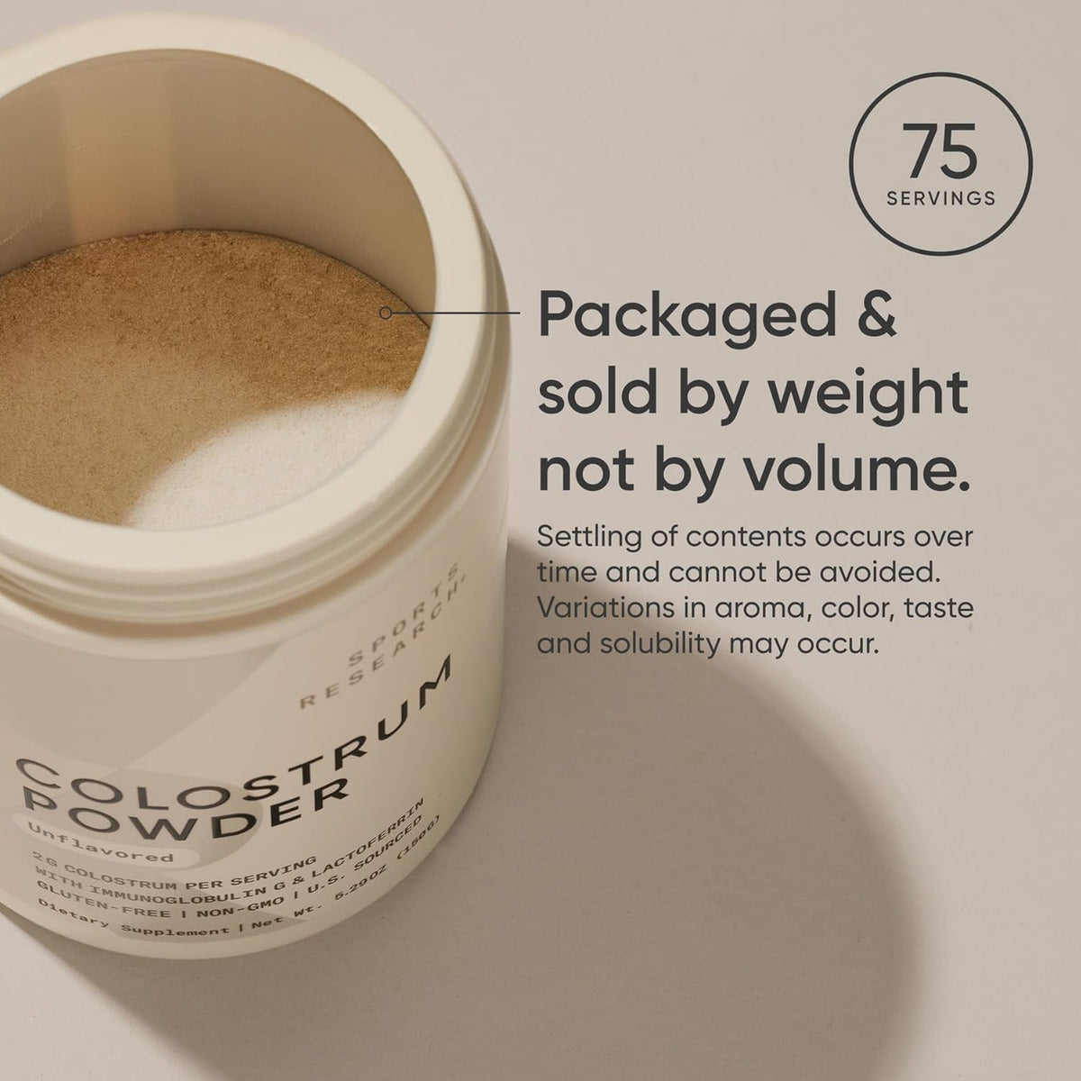 Premium USA sourced colostrum powder container placed on a clean kitchen counter.