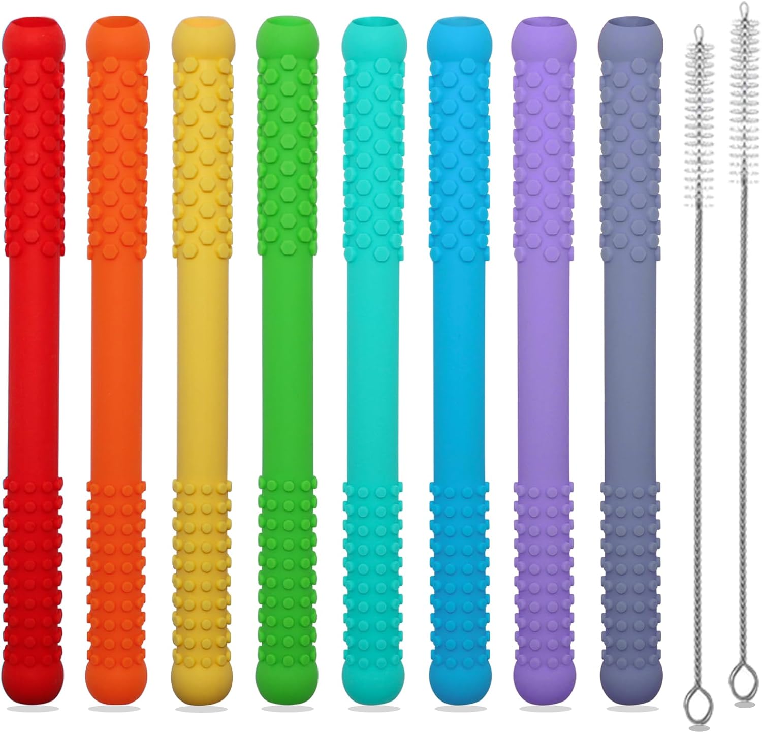Hoaisun hollow silicone teething straws 8 pack front view showing colorful sensory chew sticks for babies.