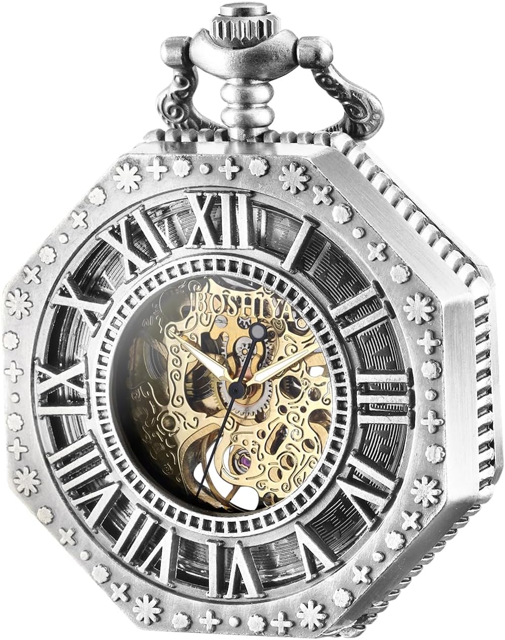 BOSHIYA Mechanical Pocket Watch Luminous Steampunk Vintage Pocket Watch/with Chains/Hand Wind Up/Black Skeleton/Dial Roman Numberals... - Image 9