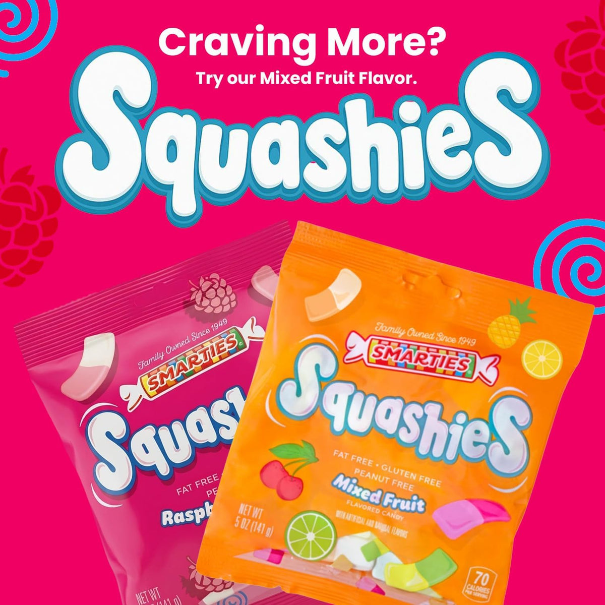 Smarties Squashies five ounce pack of three variety bundle display.