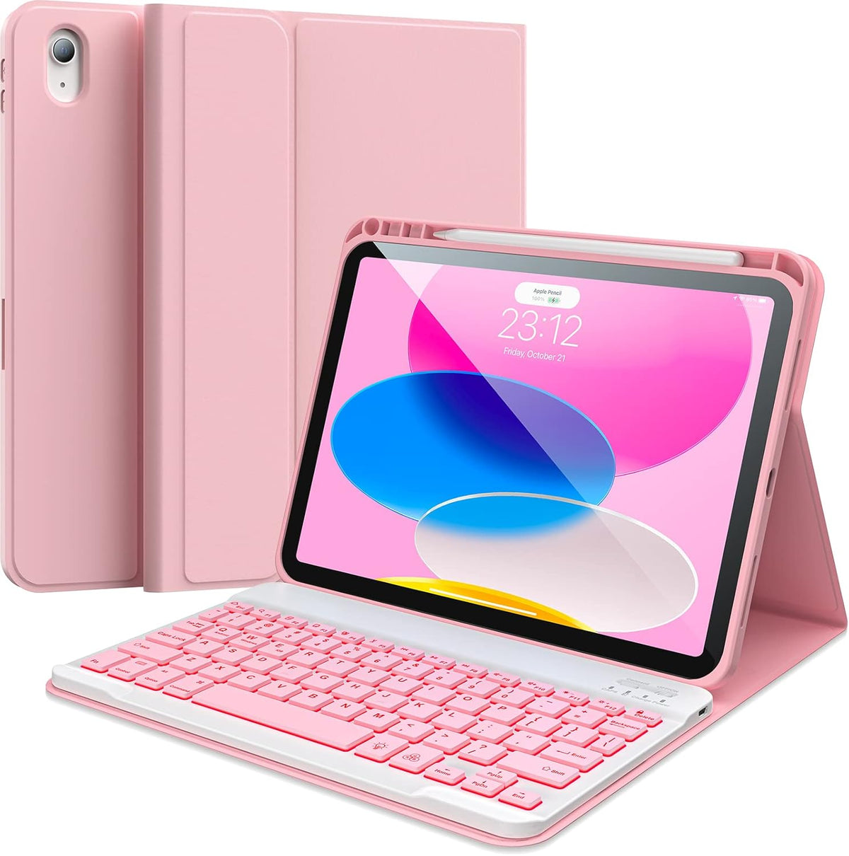 ALIWLHOF premium light pink magnetic keyboard case with iPad attached front view