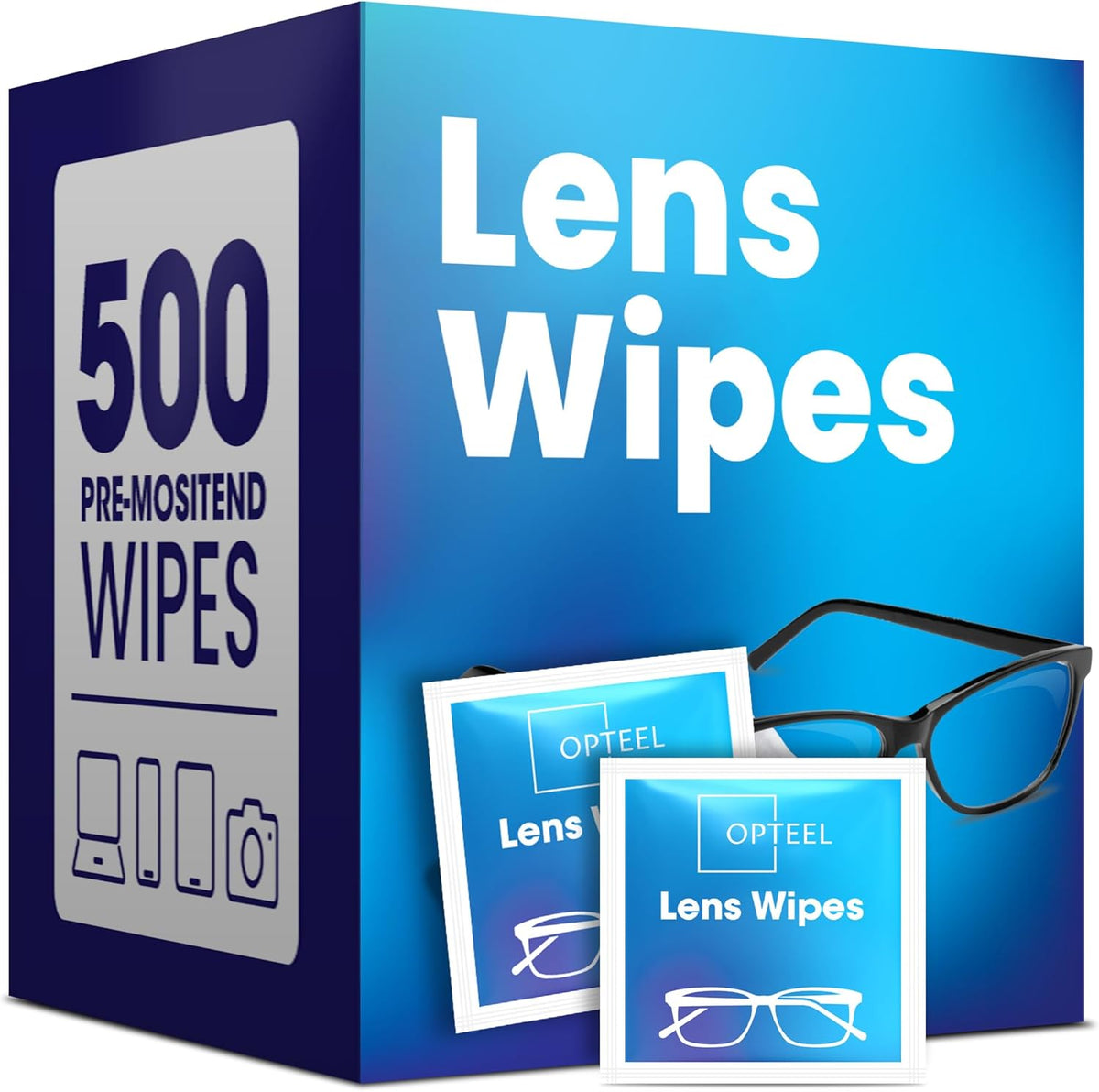 Opteel pre-moistened eyeglass lens cleaning wipes packaging box front view showing five hundred count quantity
