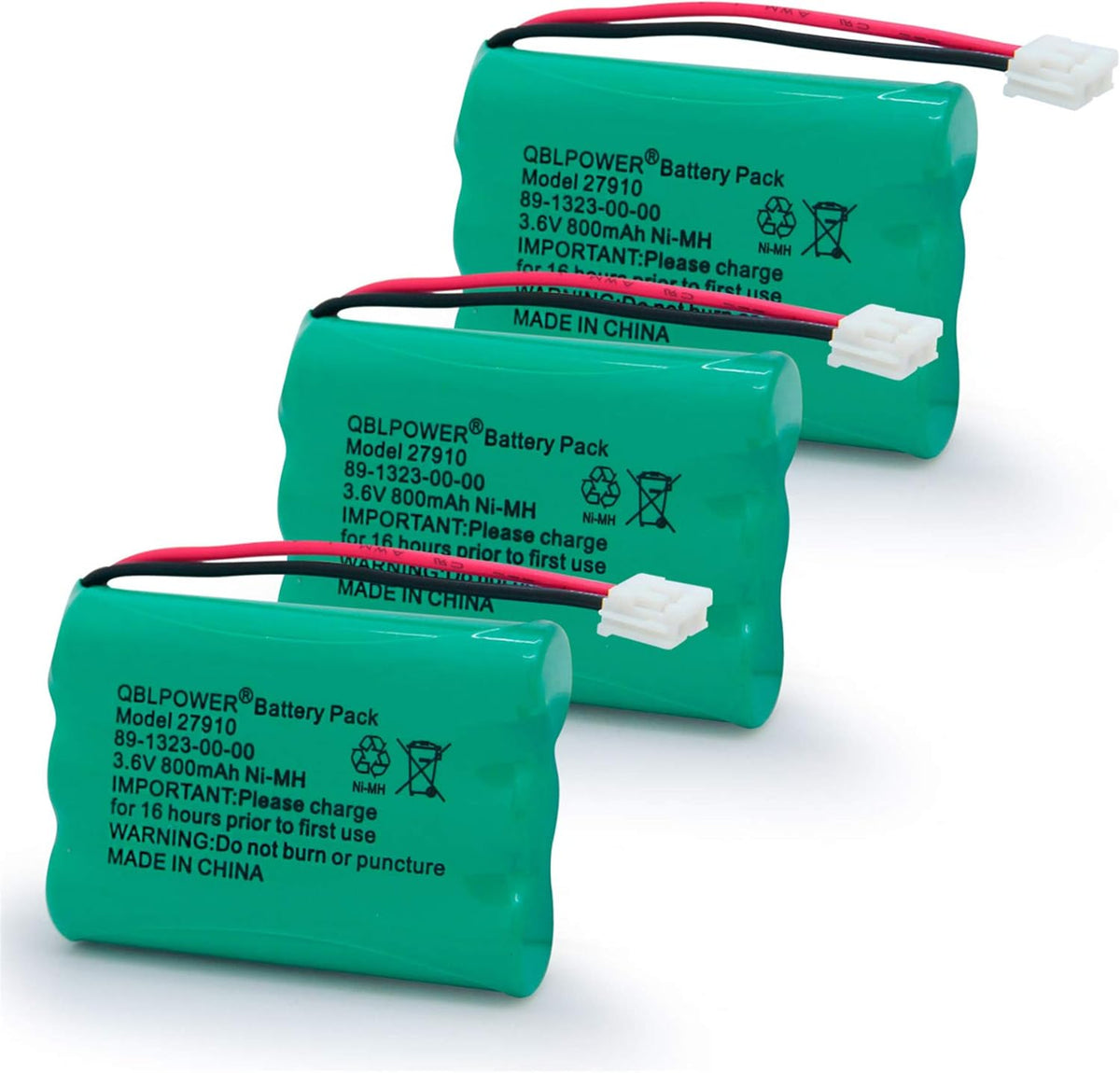 QBLPOWER 27910 cordless phone rechargeable battery front view showing the 3.6V 800mAh specification label
