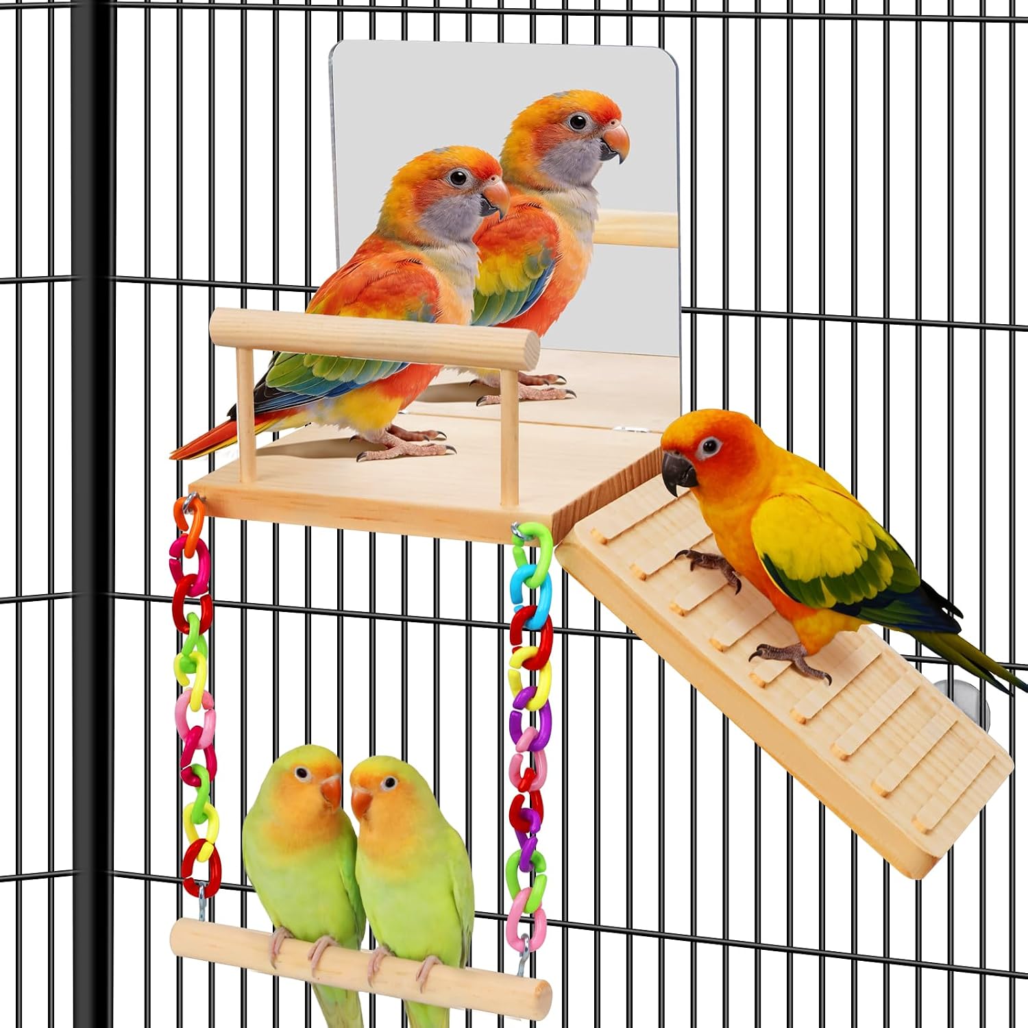 ZooVibe bird perches platform swing with mirror front view inside a cage.