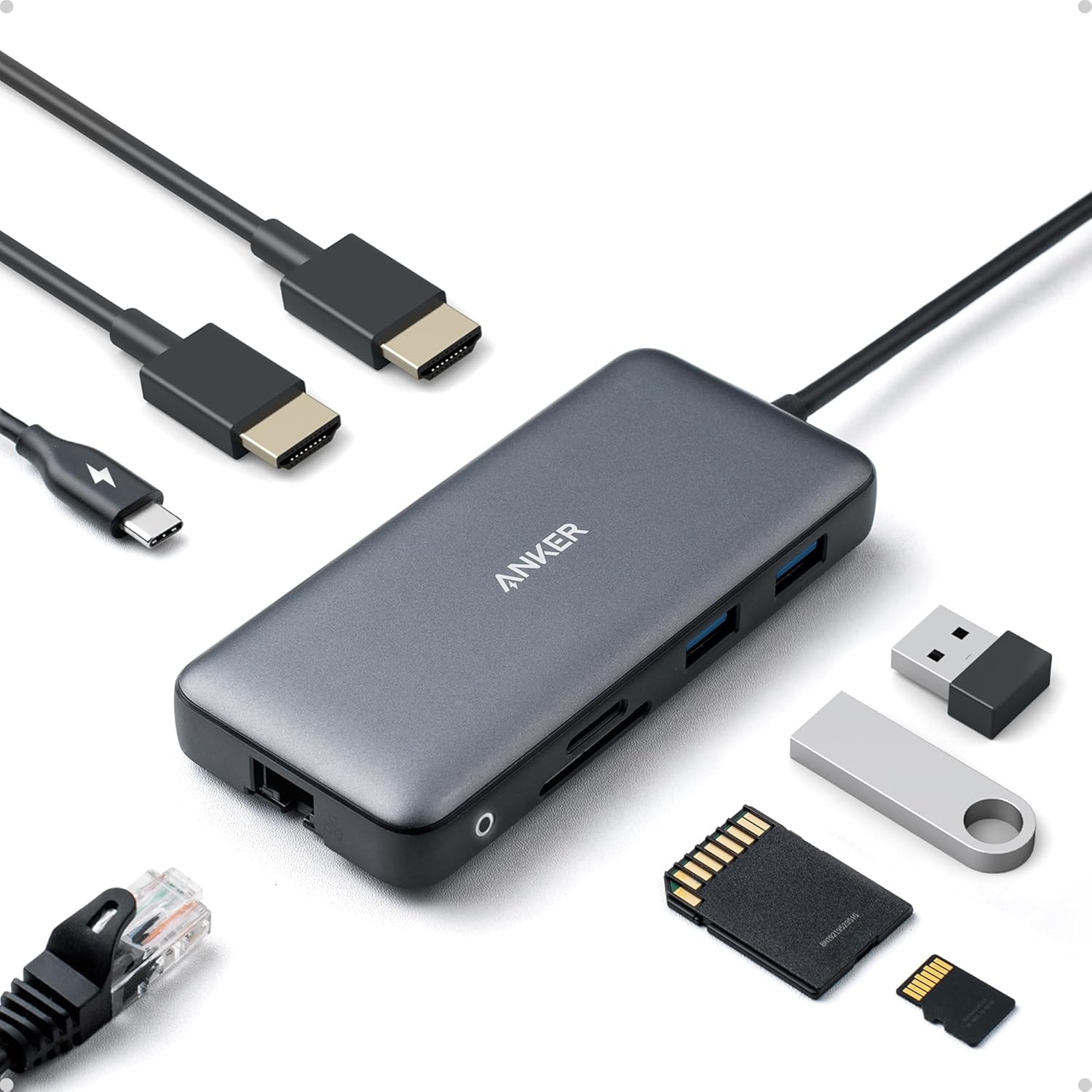 Anker 553 PowerExpand 8-in-1 USB-C Hub front view showing sleek gray aluminum casing and dual HDMI ports.
