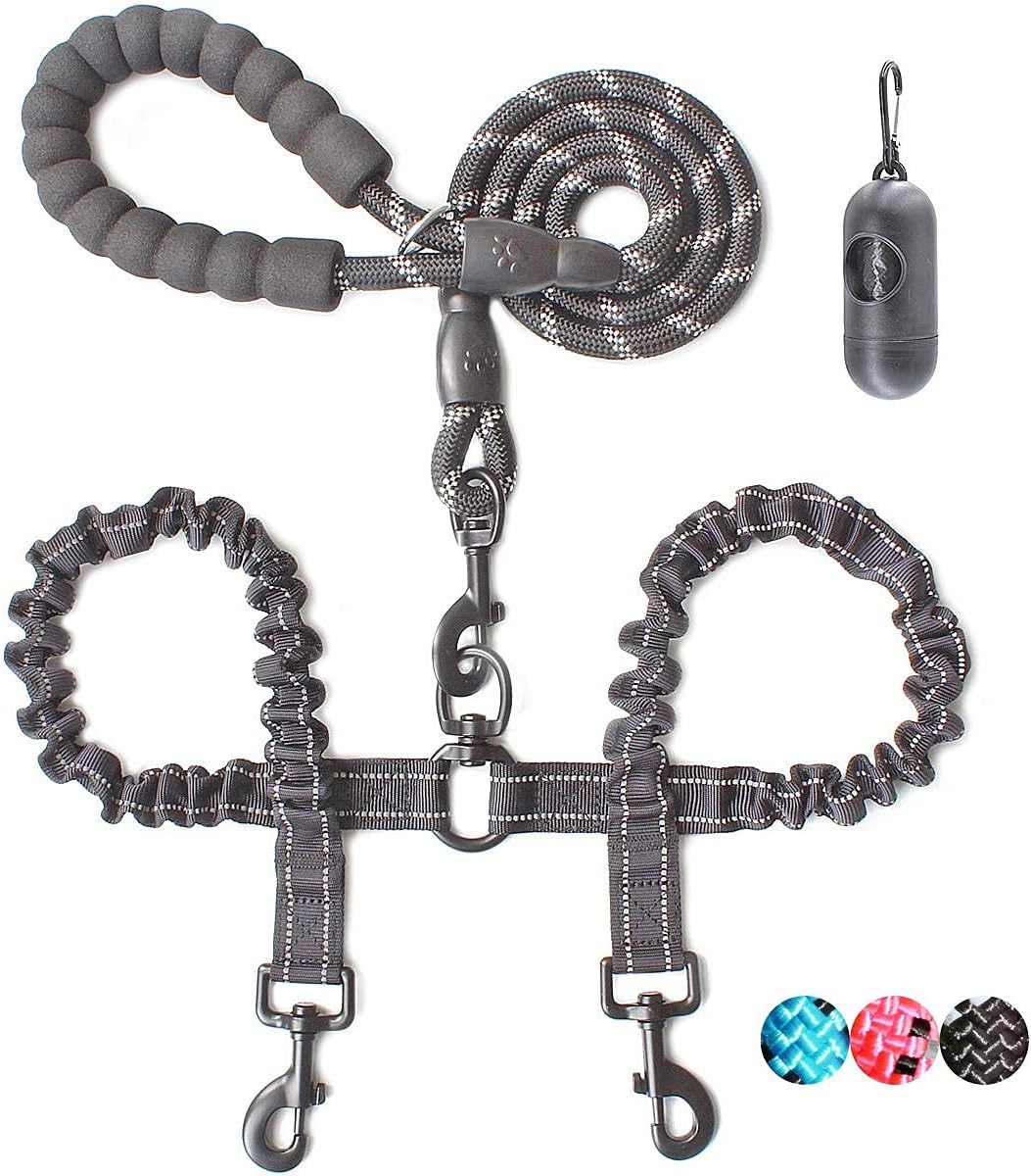 BAAPET double dog leash front view showing black heavy duty rope and dual bungee coupler.