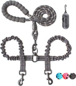 BAAPET double dog leash front view showing black heavy duty rope and dual bungee coupler.