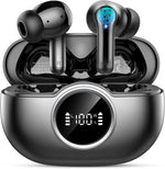 Rinsmola G21Pro wireless earbuds front view showing dark grey finish and dual LED digital battery display case.