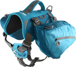 Kurgo Big Baxter Dog Backpack Coastal Blue front view on a hiking trail