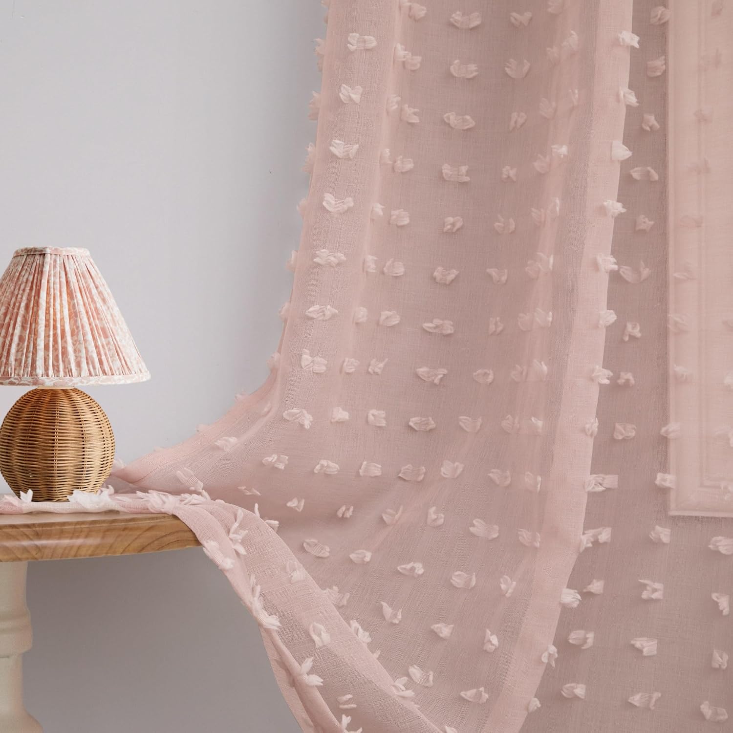 DANCURTON pink curtains front view showcasing pom poms