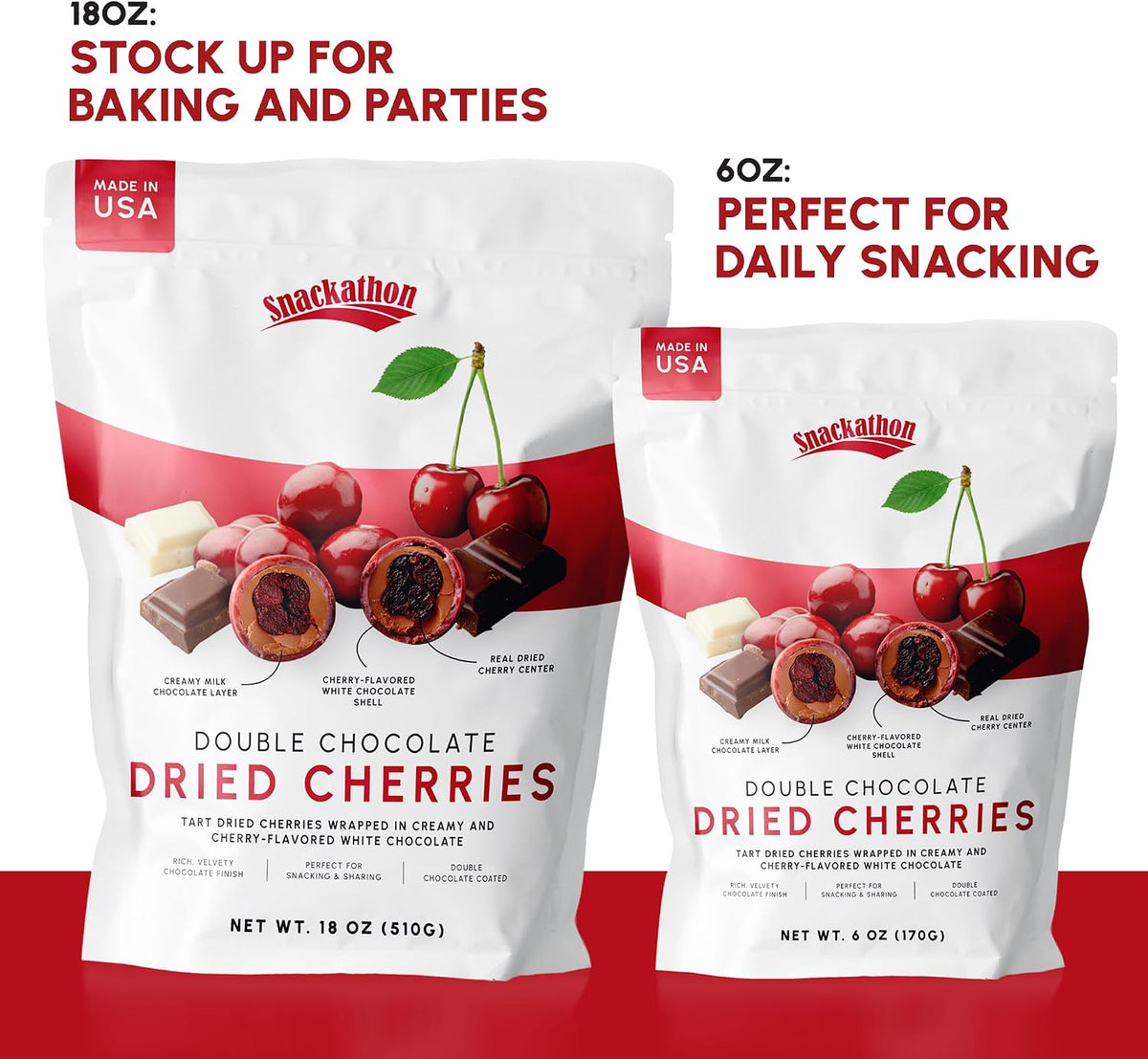 Snackathon Double Chocolate Covered Cherries, 18 OZ Resealable Bulk Bag, Tart Dried Red Cherries Coated in Creamy Milk Chocolate & White Chocolate, Indulgent for Snacking & Gifting - Image 5
