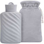 MEETRUE microwaveable silicone hot water bottle front view with premium grey faux fur cover for natural pain relief.