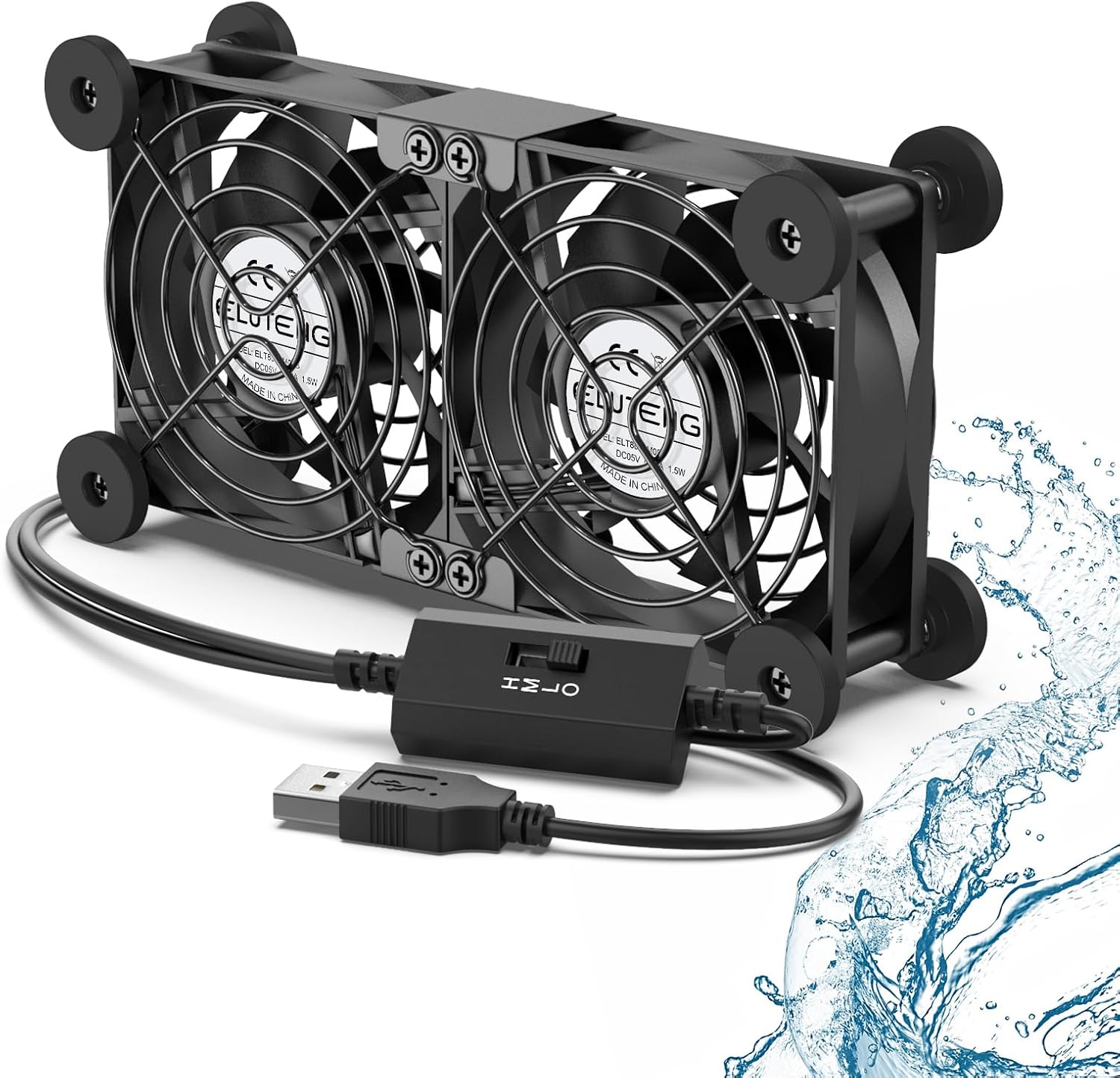 ELUTENG Dual Cooling Fan 80mm USB fan front view showing twin connected units with black protective metal safety grids.