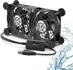 ELUTENG Dual Cooling Fan 80mm USB fan front view showing twin connected units with black protective metal safety grids.
