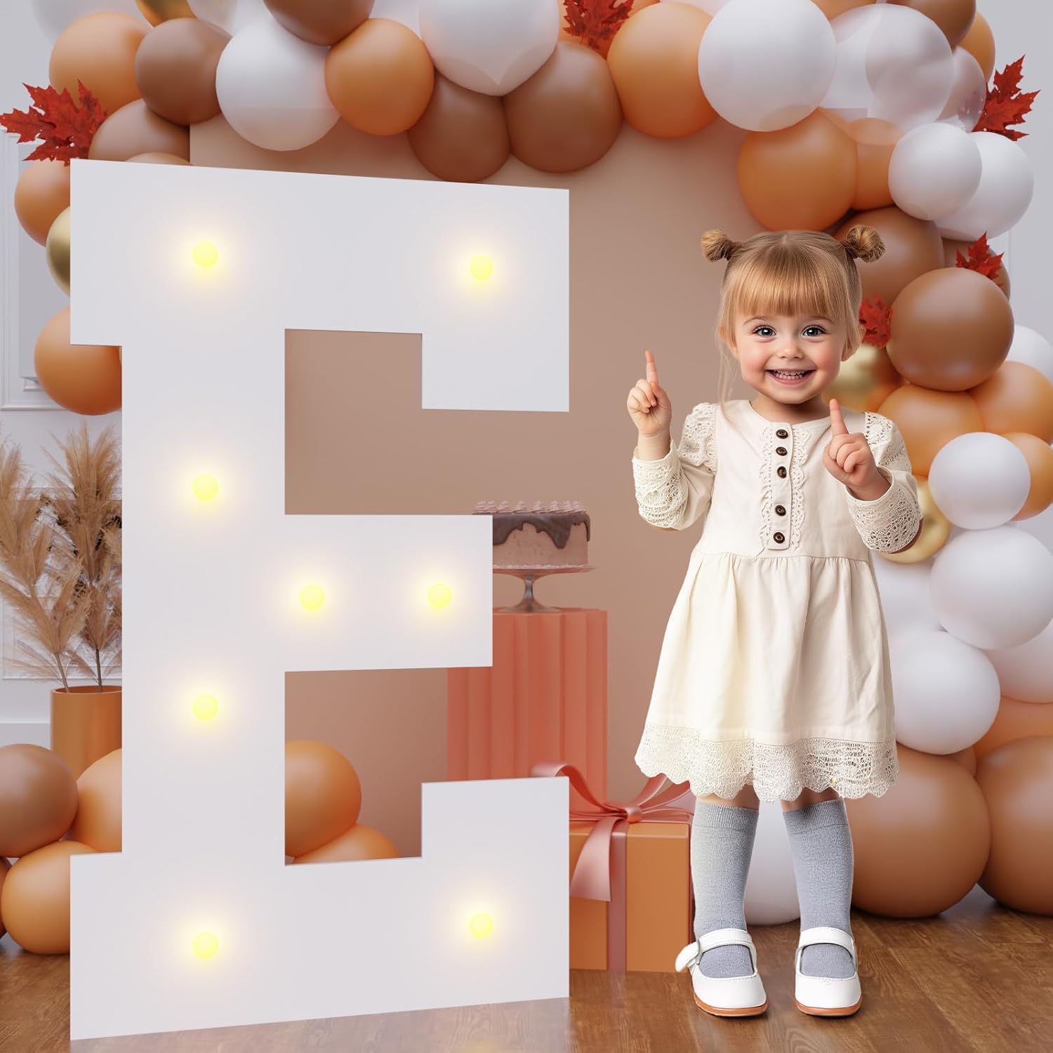 Bugame 3FT Light Up Marquee Letter E front view with warm white LED bulbs illuminated for party decoration.