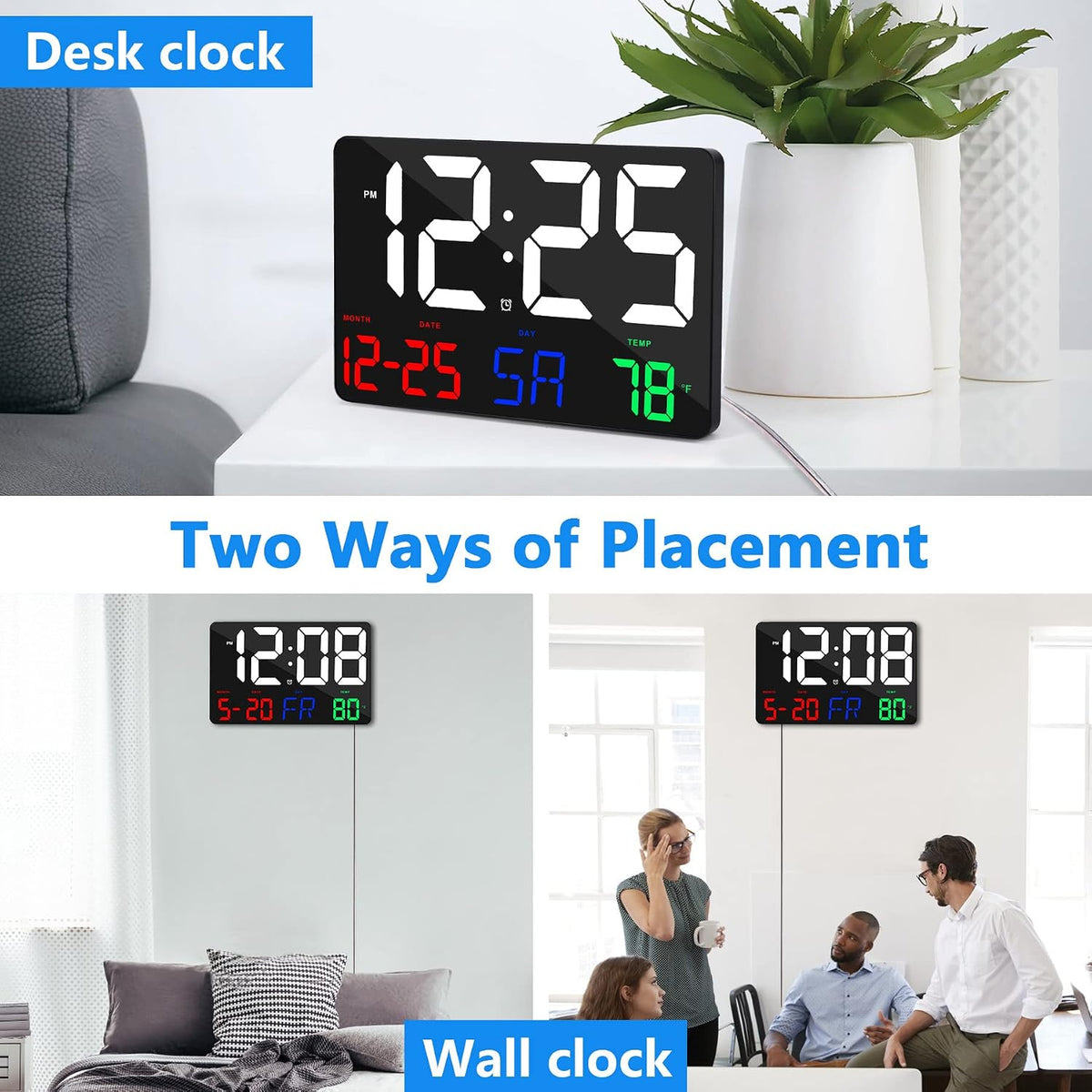 Digital Wall Clock,11.5" LED Digital Alarm Clock Large Display,with Remote Control,Adjustable Brightness, Calendar, Temperature, Snooze, 12/24 H, for Living Room, Office, Bedroom, Elderly, Adults Set - Image 3