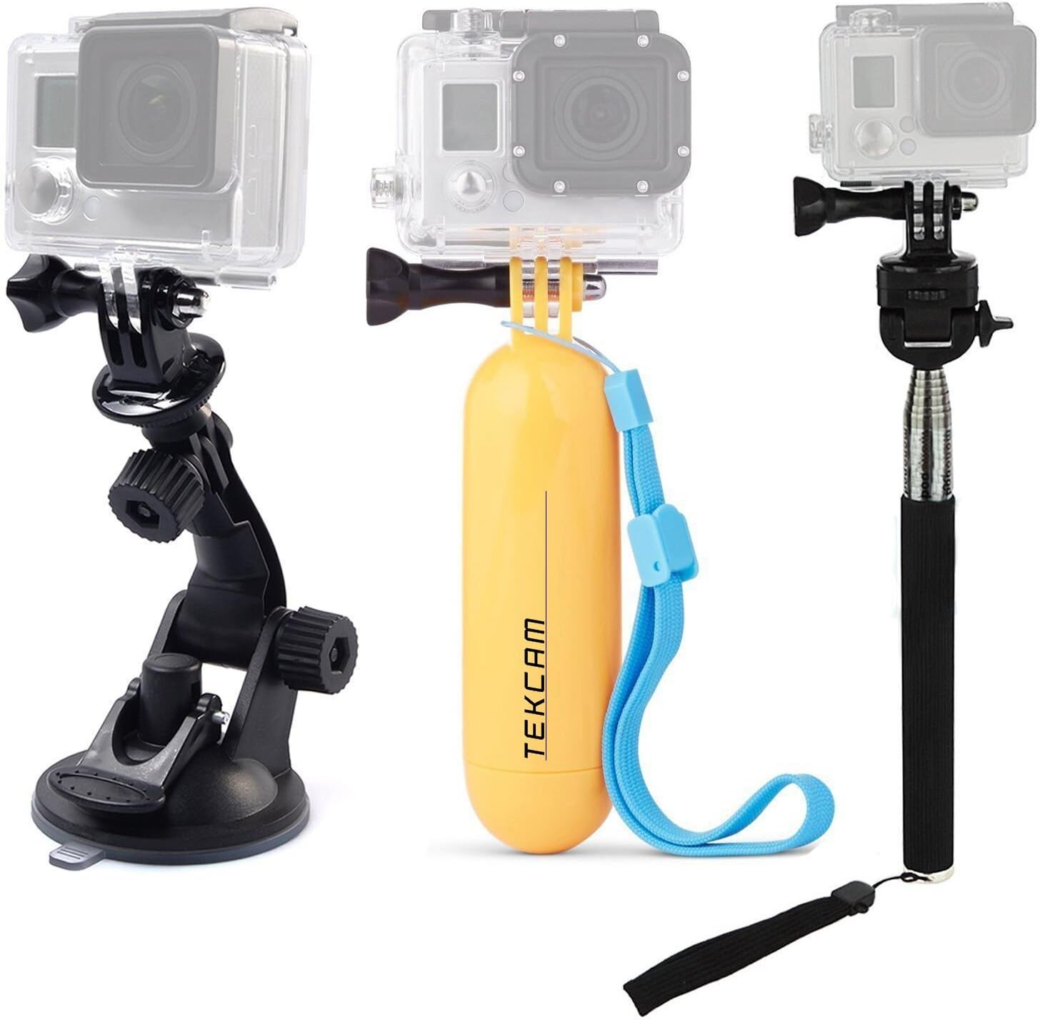 TEKCAM Action Camera Accessories Kit front view showcasing selfie stick and suction cup mount