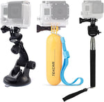 TEKCAM Action Camera Accessories Kit front view showcasing selfie stick and suction cup mount