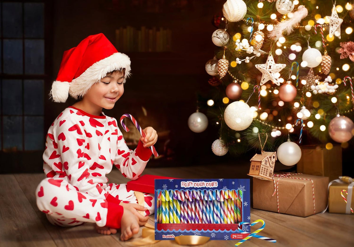 Twelve gram hard candy canes featuring vibrant red, white, and rainbow stripes
