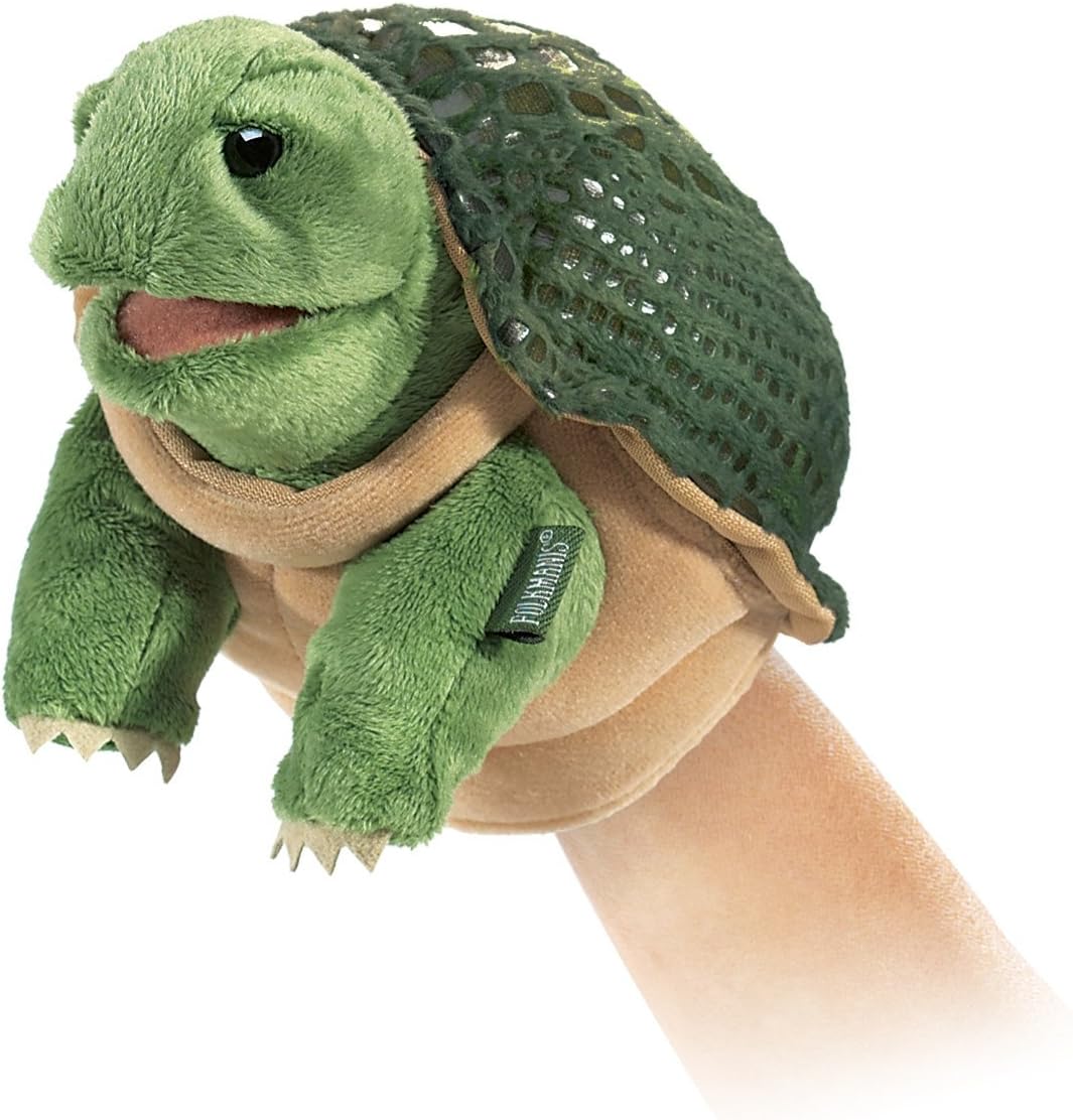 Folkmanis Little Turtle Hand Puppet green front view interactive plush toy