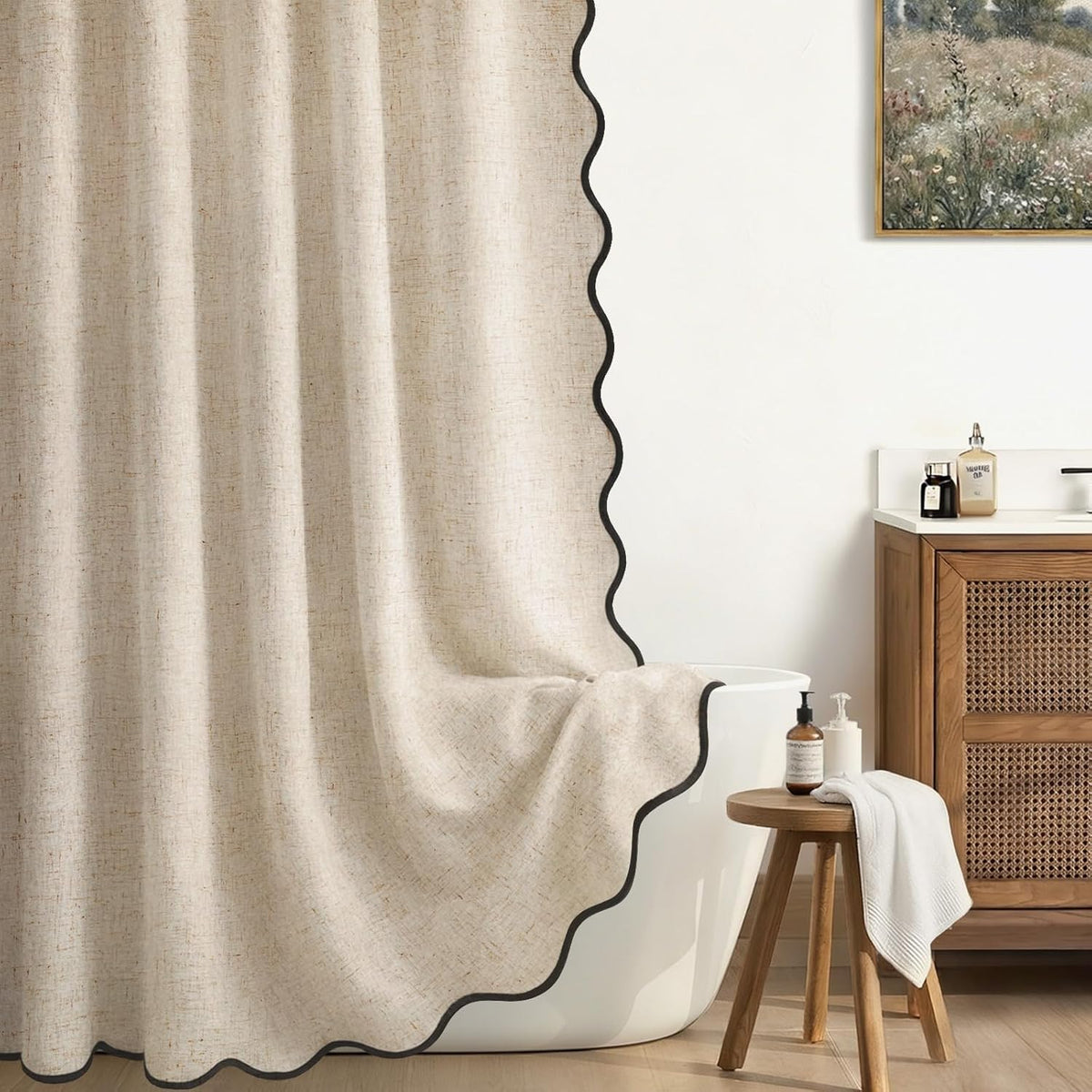 MIULEE linen shower curtain beige front view for modern bathroom decor.