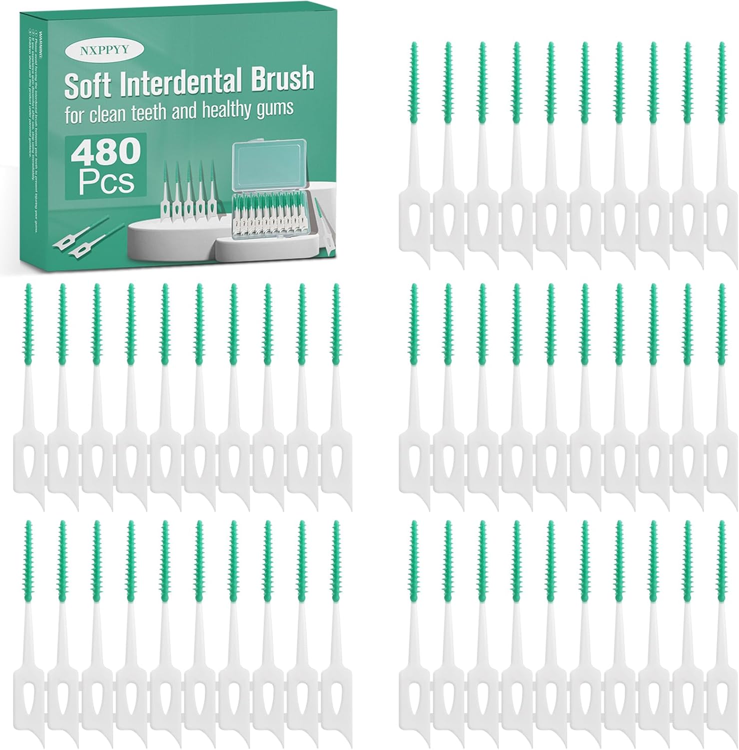 480 Pcs Dental Floss Picks, Soft Silicone Tooth Picks Flossers, Interdental Brushes with Case, Soft Dental Floss Picks for Teeth Cleaning, Braces, Bridges, Adult, Plaque Removal (Green) - Image 1