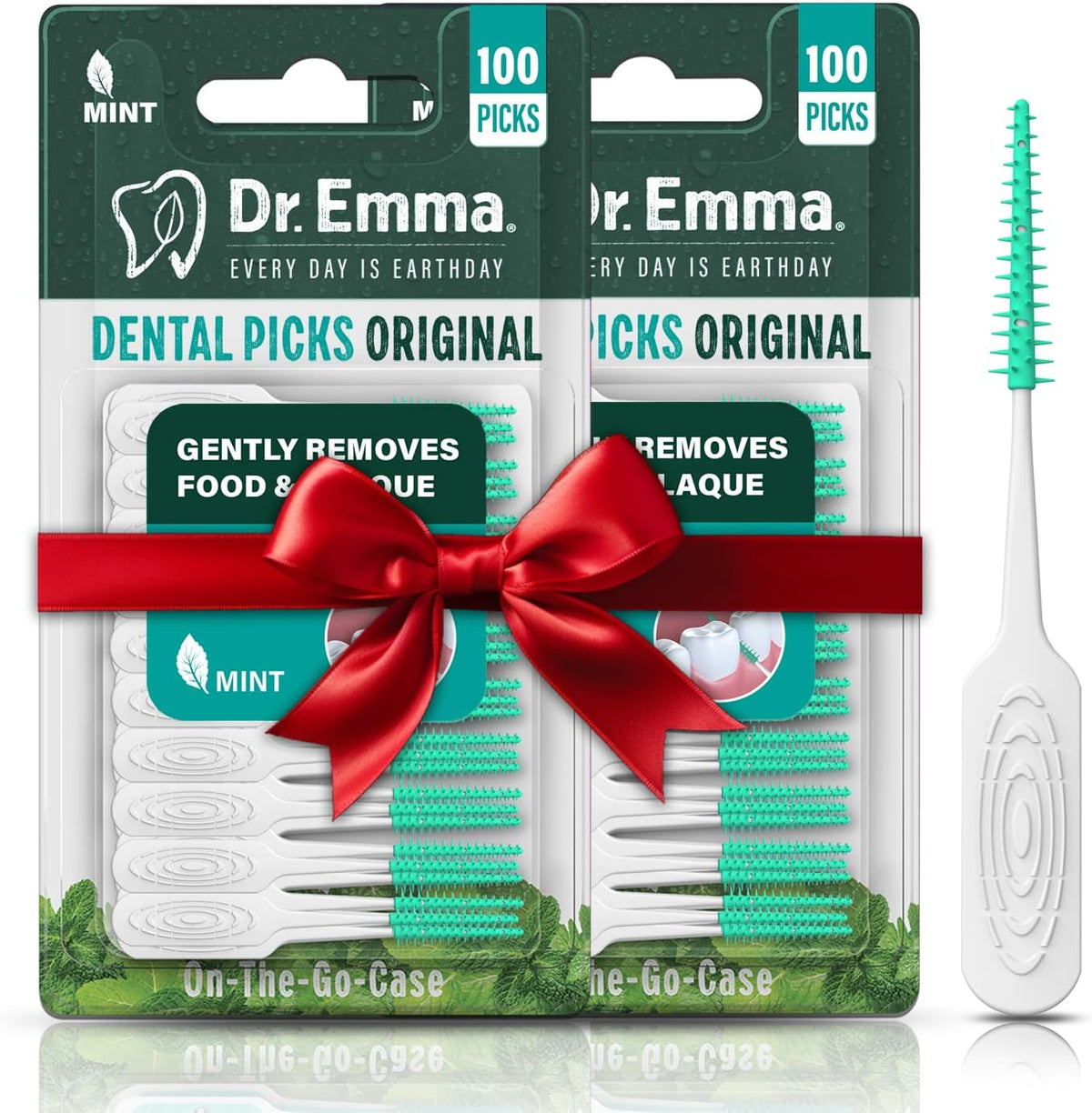 Dr. Emma Original Dental Picks Mint front view package containing two hundred soft rubberized brush picks.