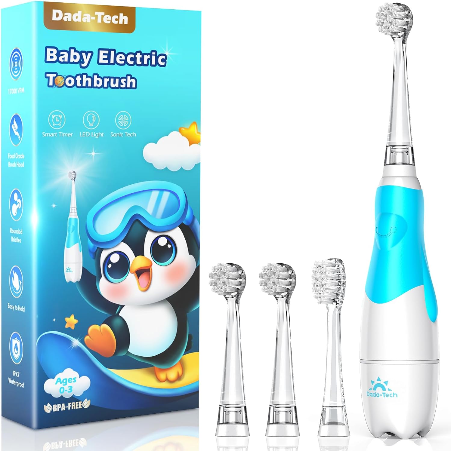 DADA-TECH Toddler Electric Toothbrush Blue Penguin front view