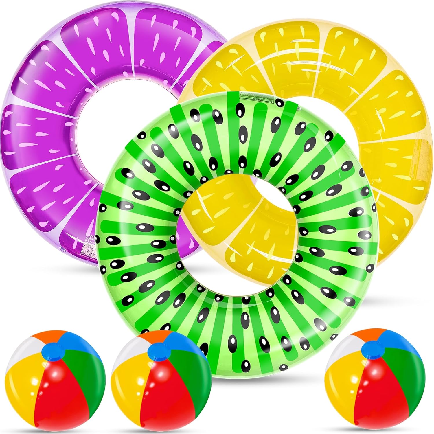 IGeekid 6 pack inflatable fruit pool floats and beach balls front view