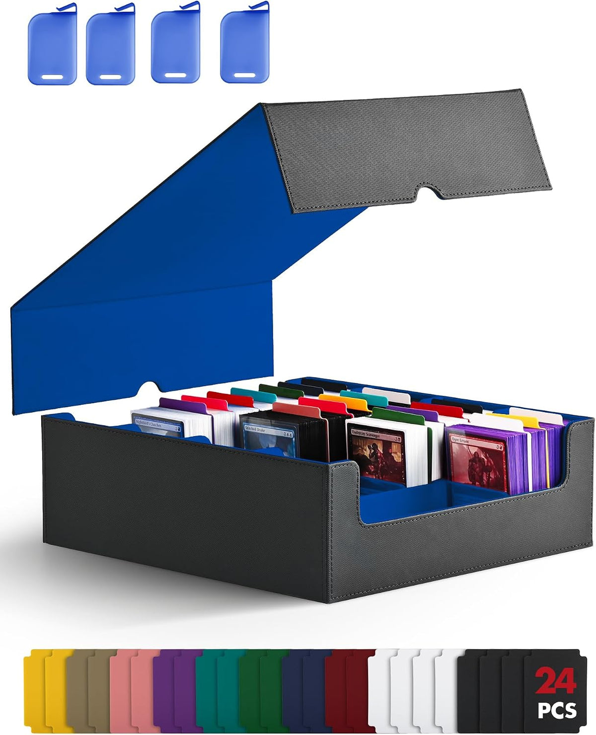 ZLCA card storage box front view displaying black and blue exterior