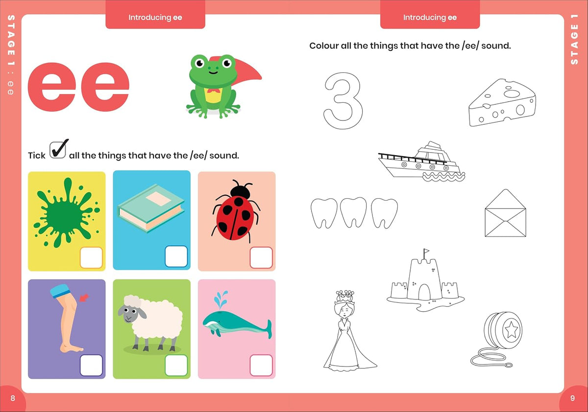 DK children reading practice workbook interior layout with parent tip boxes