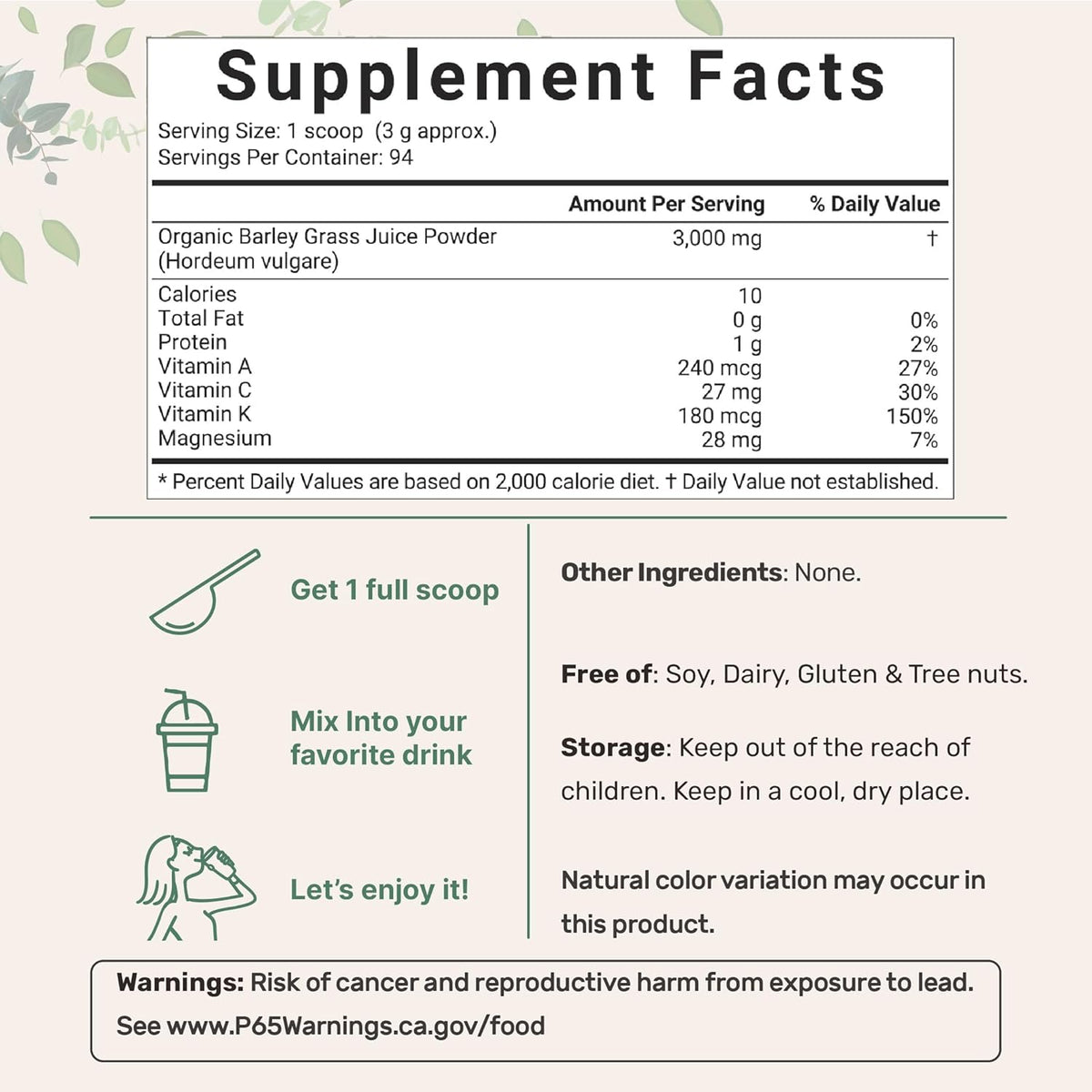Micro Ingredients organic barley grass juice powder nutritional facts label