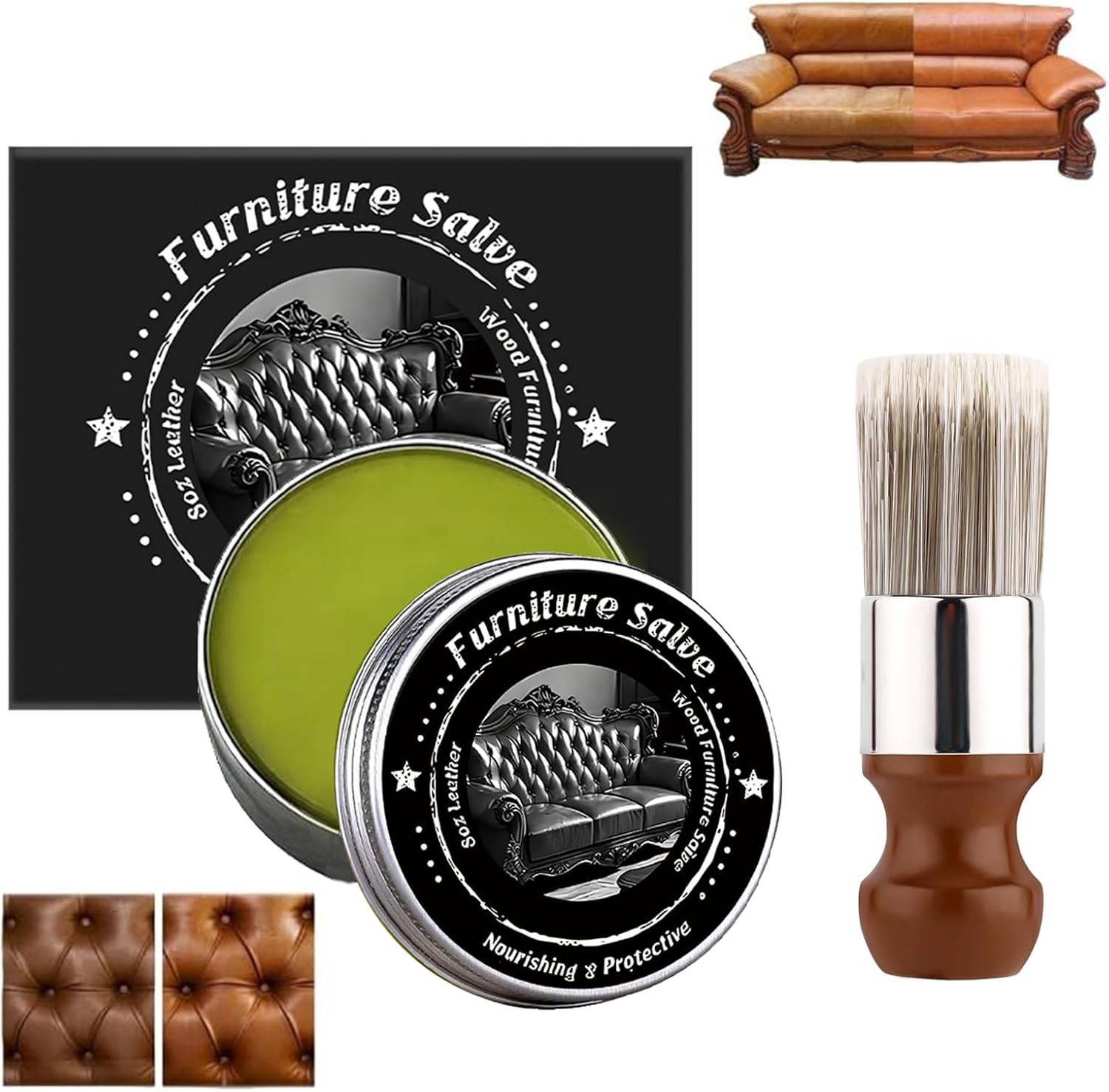 Furniture Salve & Brush, Wood Polish Wax, Household Upholstery Maintenance Kit, Leather and Wood Furniture Salve for Home, Sofa, Car Seats, 8oz (1 Set) - Image 1