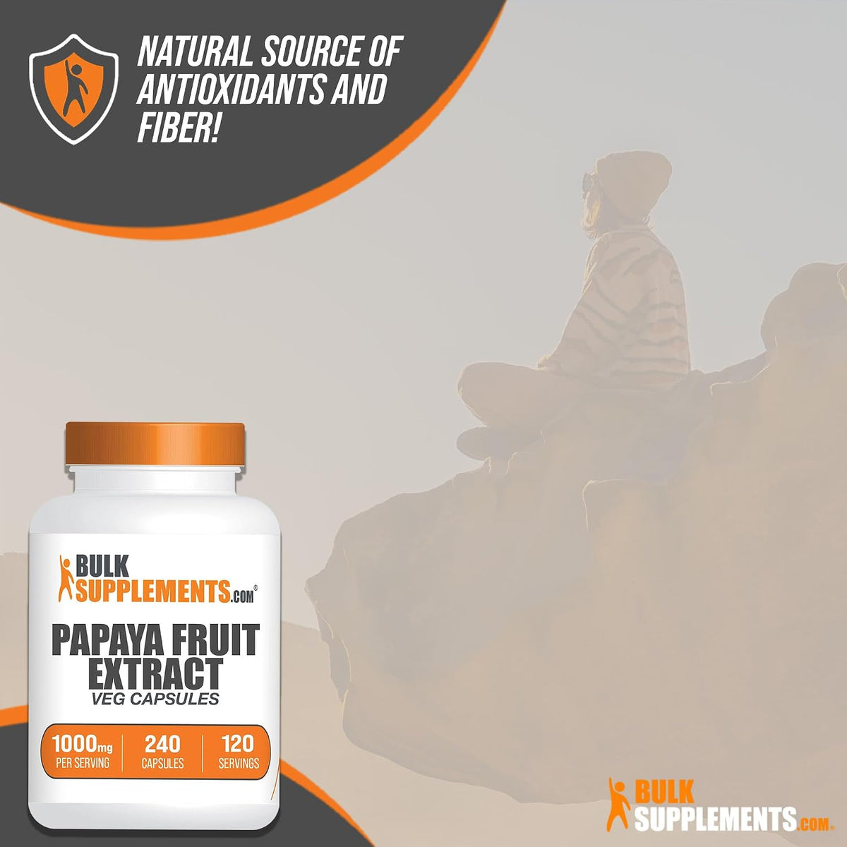 Close up of BulkSupplements Papaya supplement bottle