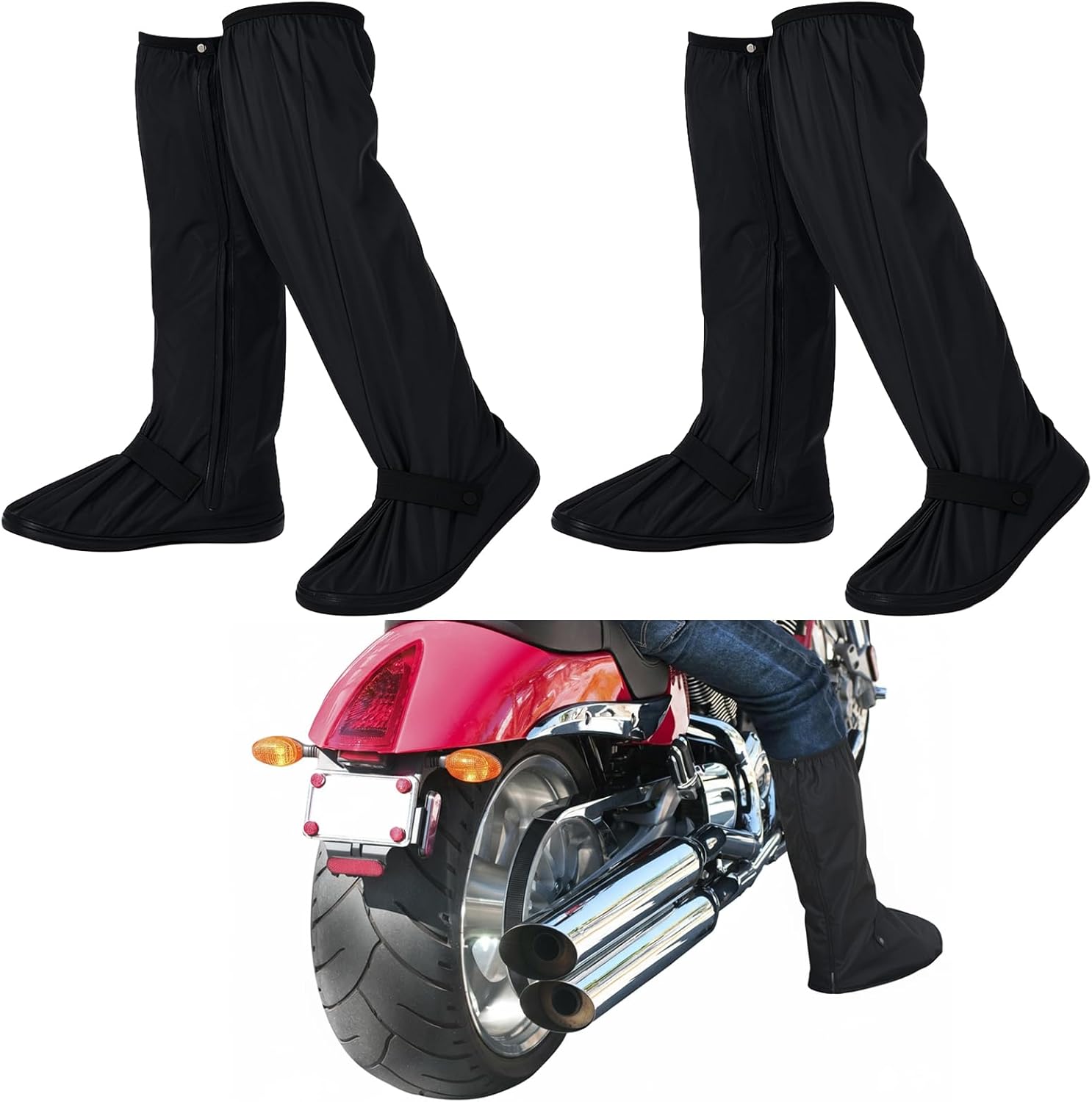 Cutecrop waterproof motorcycle rain shoe covers front view showing black high tube PVC design with zipper closure.
