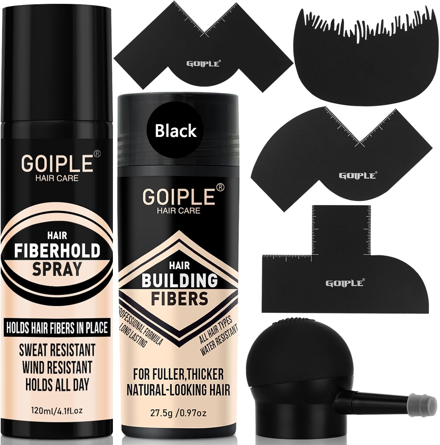Accio Hair Thickening Fibers And Pump Applicator Set front view showing the black hair building powder bottle and precision nozzle.