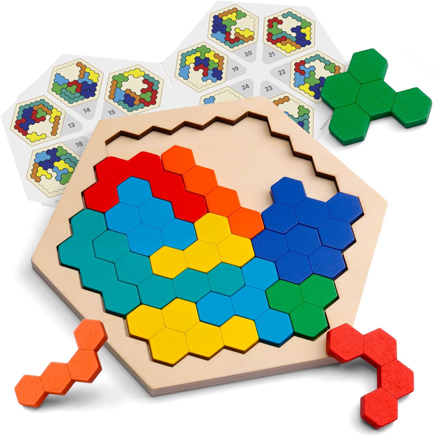 Coogam Wooden Hexagon Puzzle front view featuring 14 colorful geometric pieces inside the wooden frame.