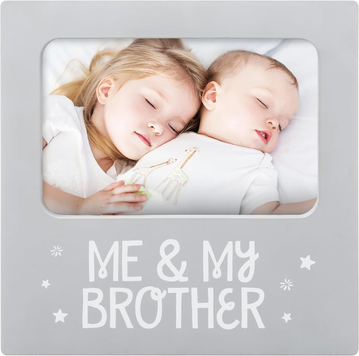 Tiny Ideas Me and My Brother Picture Frame front view showcasing the gray text and white wooden border.