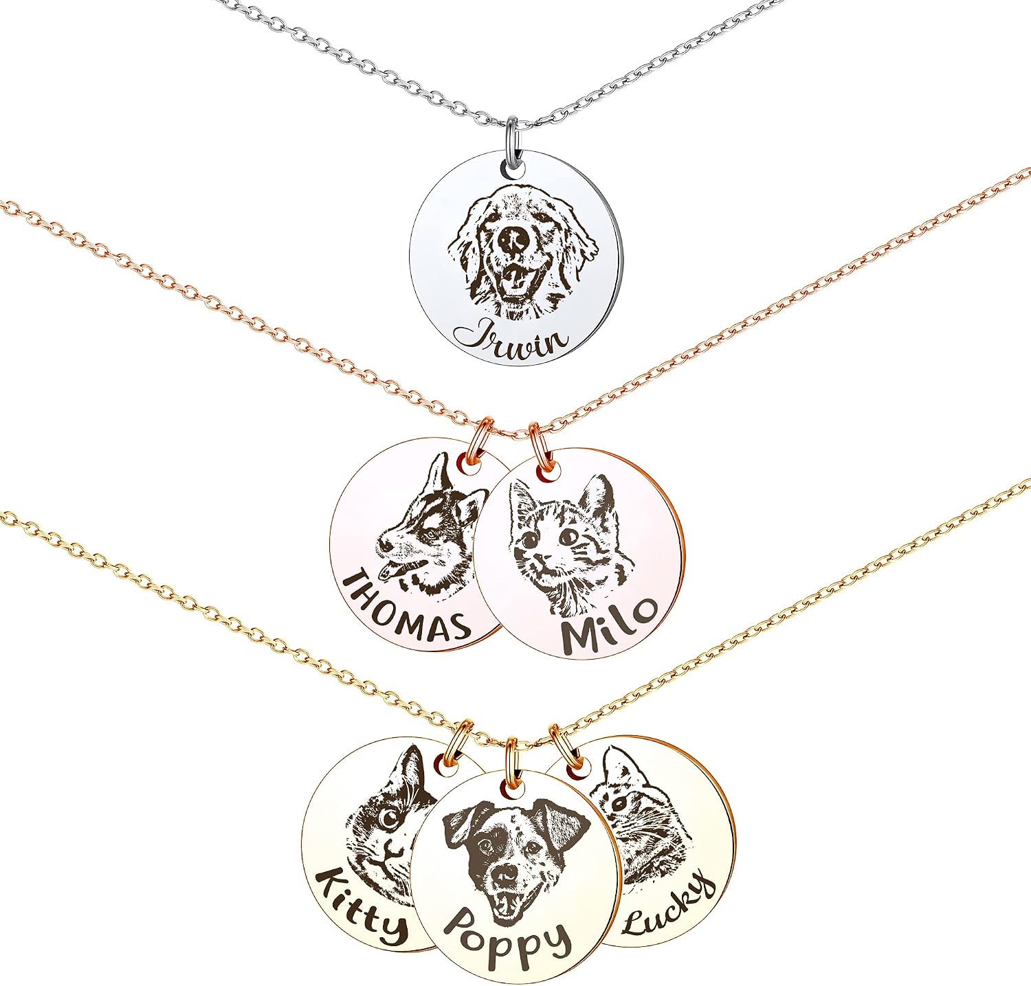 Anavia personalized pet portrait necklace round disc pendant front view
