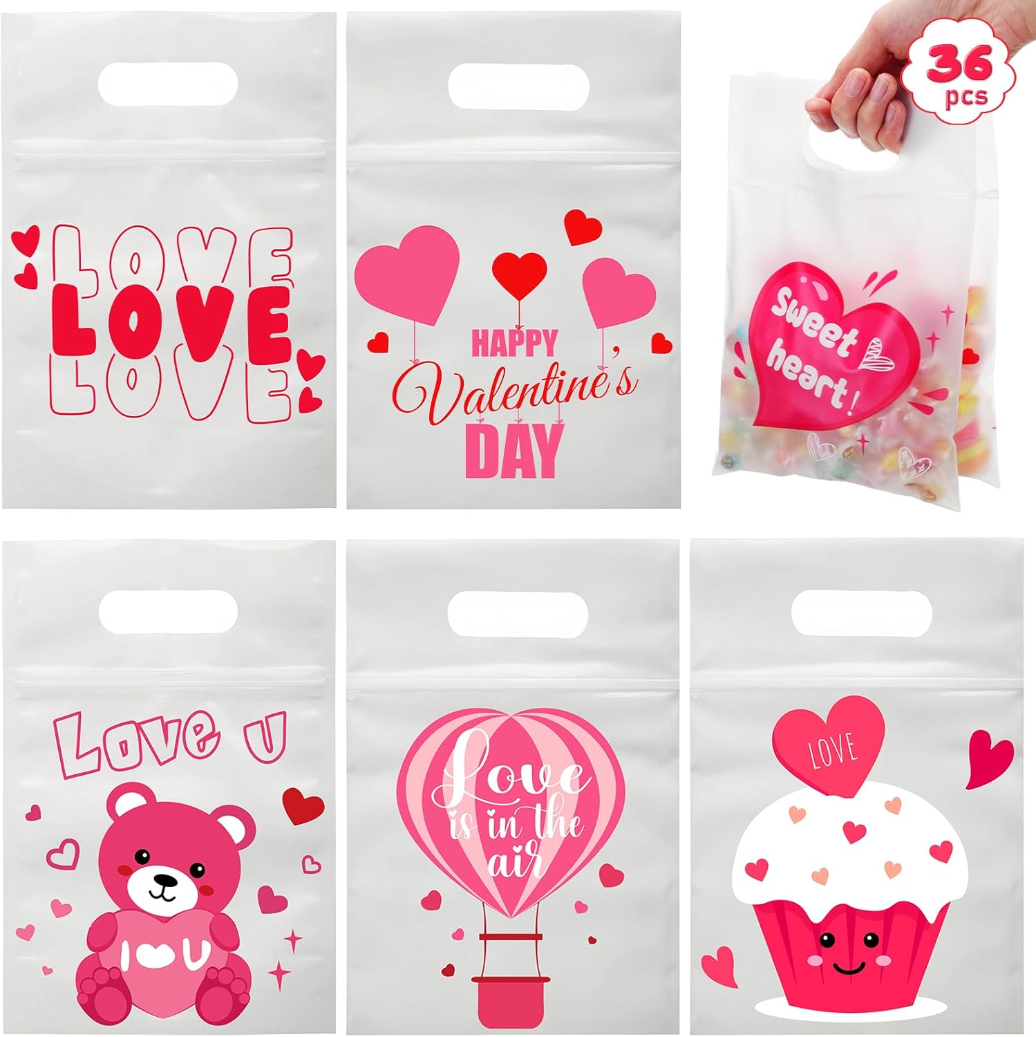 Eaasty 36 Piece Valentine Day Cellophane Gift Bag front view showing assorted heart designs