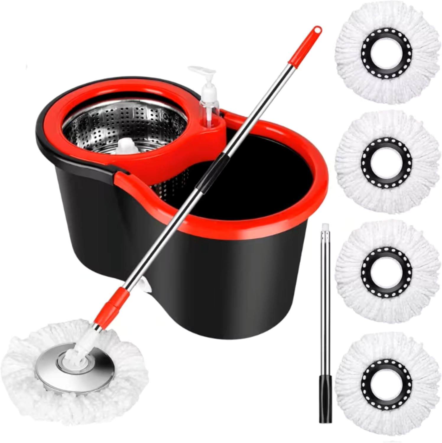 Lambert Frame spin mop and bucket system front view showcasing the black bucket and stainless steel wringer for efficient home floor cleaning.