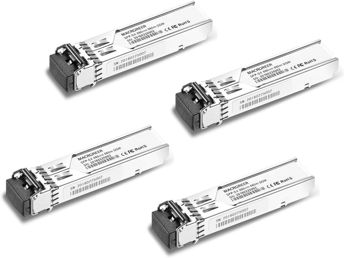Macroreer 1000BASE-SX SFP transceiver front view showing four modules