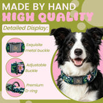 Close up of the floral print and cotton texture on the dog collar