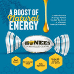 Back view of Honees Honey and Ginger 2.85 Ounce pack displaying nutrition facts and ingredients list