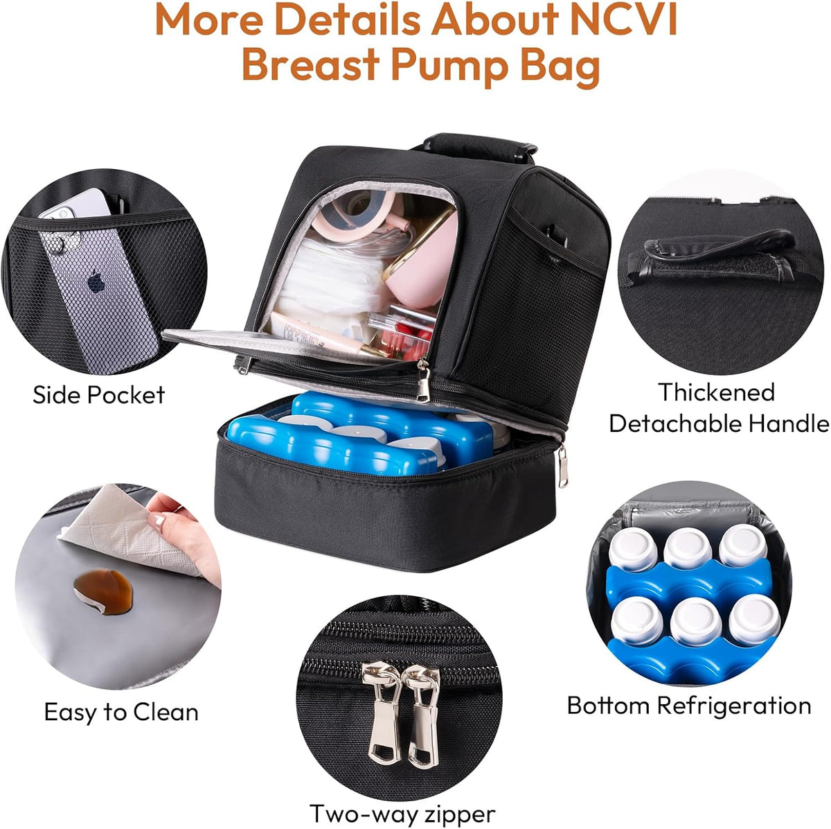 NCVI travel cooler bag interior showing milk bottles and accessories
